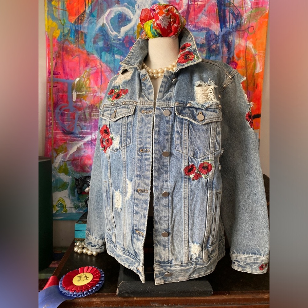 Fab Distressed Embroidery Designer DENIM JACKET Longer Length Wardrobe Essential